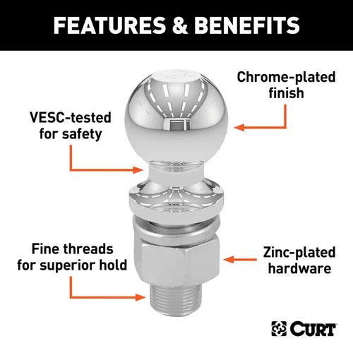 Curt 2 Trailer Ball (1 x 2-1/8 Shank, 7,500 lbs., Chrome, Packaged)