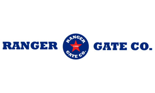 Blue text reads "Ranger Gate Co." surrounding a circular logo with a red star in the center. The year "1990" is displayed on the star, creating a bold and professional tone.