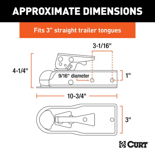 Curt 2 Straight-Tongue Coupler with Posi-Lock (3 Channel, 3,500 lbs, Zinc) #25138