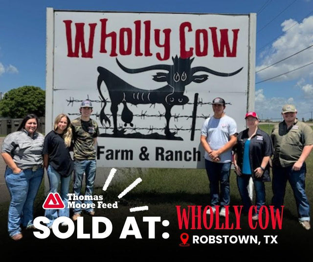 A group of six people stands in front of a large sign reading 'Wholly Cow Farm & Ranch,' featuring a stylized longhorn illustration behind barbed wire. The sky is blue with scattered clouds. The image includes text stating 'Thomas Moore Feed is SOLD AT: WHOLLY COW, Robstown, TX,' with a location pin icon.